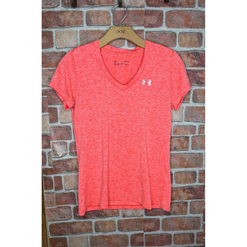Under Armour HeatGear Womens Small V-Neck T-Shirt Neon Coral Heathered Loose Fit